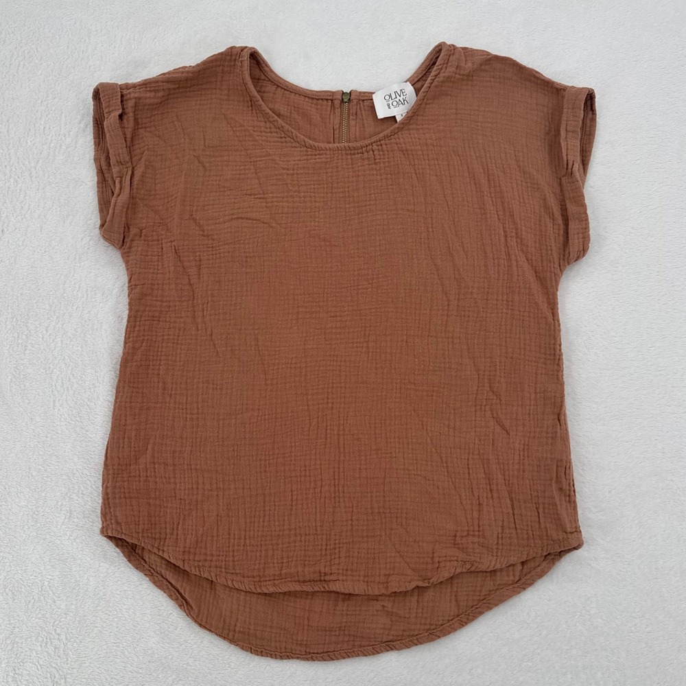 Olive and Oak Blouse Womens Small Terracotta Brown Cotton Gauze Back Zip‎ Top